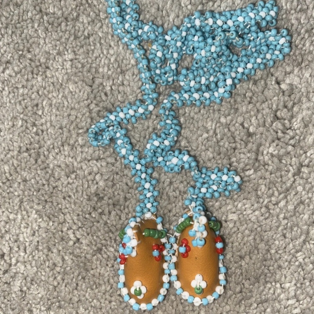 Vintage‎ Native American Moccasins Seed Bead Blue Necklace